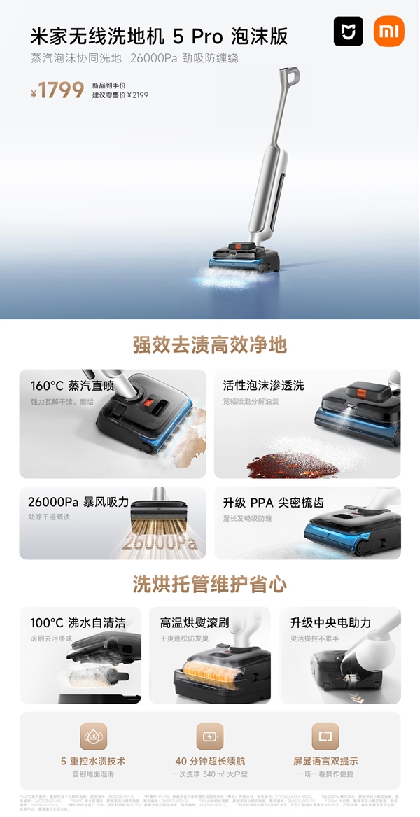 1799元！米家无线洗地机5 Pro泡沫版开售：160℃高温+泡沫分解脏污