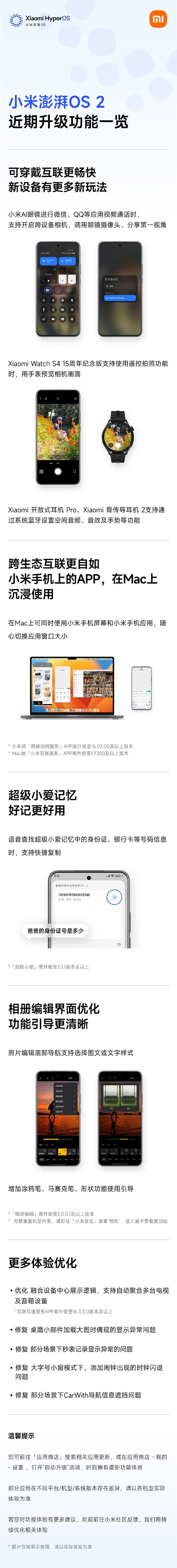 A graphic overview of recent Xiaomi HyperOS upgrades， including the ability to use Xiaomi phone apps on Apple Mac.