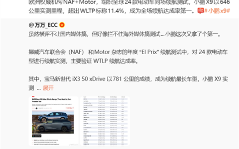 欧洲权威机构24车横评：小鹏X9实测646公里，续航达成率全场第一